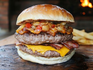 Double patty hamburger on wooden board on background of fire.