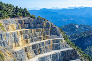 Fototapeta premium Majestic mountain quarry landscape with layered rock formations and distant hills