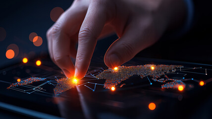 hand interacting with digital map, highlighting global connections and trade routes. visualization showcases high tech representation of international commerce