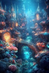 A vibrant underwater city filled with coral and illuminated structures.