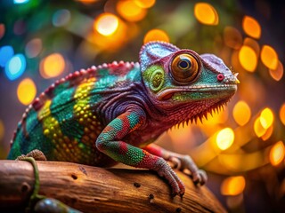 Bokeh Chameleon Terrarium Photography: Colorful Reptile on Wood with Leather Details