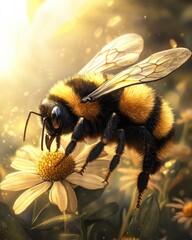 A bumblebee collecting nectar from a flower in sunlight.