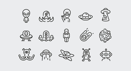Alien icons. Set of 15 Alien trendy minimal icons. Example: UFO, alien waving, Saturn, alien spaceship, Ray gun. Design signs for web page, mobile app, packaging design. Vector illustration.