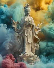 Obraz premium 3D illustration of Thousand-Armed Guan Yin is standing amidst swirling smoke around him in an elegant pose, with multiple hands radiating serenity, compassion, protection, intricate soft background 