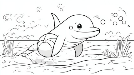 Obraz premium A black and white line drawing of a dolphin with a beach ball.