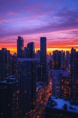 Fototapeta premium A vibrant city skyline at sunset, showcasing urban architecture and lights.