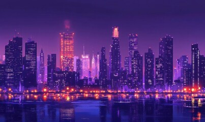 Obraz premium A vibrant city skyline at night, illuminated by colorful lights.