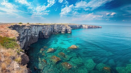 Obraz premium High-end photography of a picturesque coastal landscape with cliffs and a turquoise sea under a bright blue sky