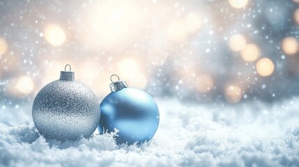 Christmas ornaments rest snowy background bokeh festive illustration.