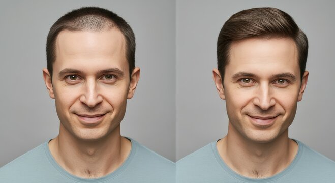 Hair restoration transformation for young caucasian male with before and after comparison