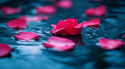 A Single Rose Floats Among Petals On Dark Water