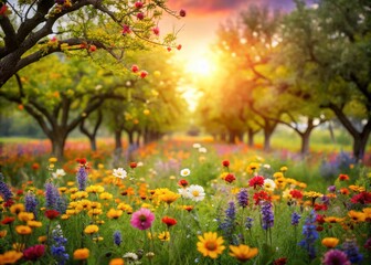 Fototapeta premium Bokeh Wildflower Meadow, Fruit Orchard, Natural Garden Photography