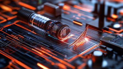 futuristic visualization of renewable energy data integration, featuring intricate circuit patterns and glowing elements. design emphasizes technology and innovation
