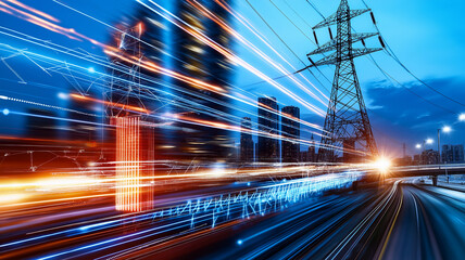 vibrant cityscape showcasing electric power lines and dynamic light trails, symbolizing renewable energy integration and urban development