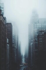 A foggy cityscape with tall buildings and a distant street.