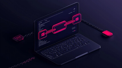 modern laptop displaying digital interface with neon elements, symbolizing technology and connectivity. design features chains, representing security and blockchain concepts
