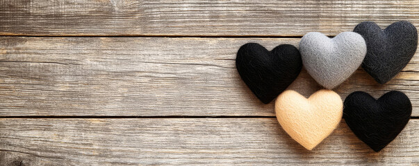 Obraz premium A collection of four textured heart shapes in various colors arranged on a rustic wooden surface.