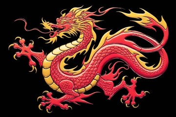 Vibrant Red and Gold Chinese Dragon on Black Background: Mythical Creature in Fiery Detail