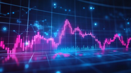 A stock market chart with a pink line going up and down.