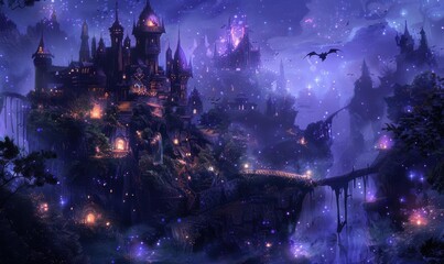 Obraz premium A mystical castle surrounded by enchanting landscapes and glowing lights.