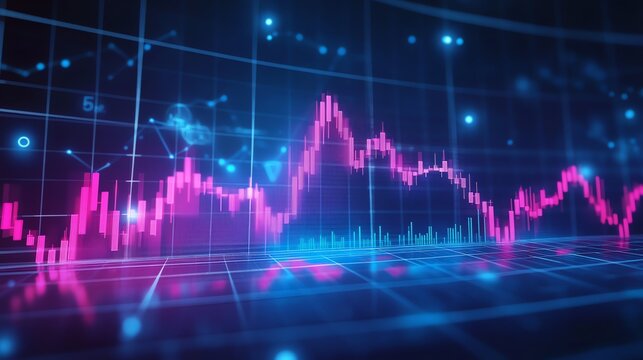 A stock market chart with a pink line going up and down.