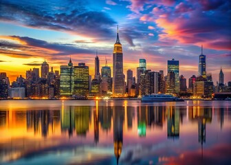 Obraz premium Breathtaking Skyline of New York City Captured from New Jersey's Perspective at Dusk, Showcasing Iconic Architecture and Vibrant City Lights Reflecting on the Water