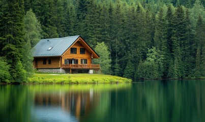 Obraz premium Serene wooden cabin by a tranquil lake surrounded by lush trees.