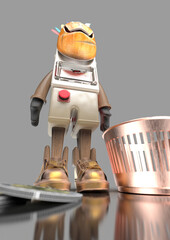 Cute robot mascot with tribal feathers and golden sneakers.