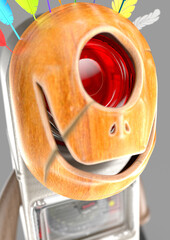 Cute robot mascot with tribal feathers and golden sneakers.