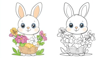 A cute cartoon bunny with a basket of flowers, ready to be colored.