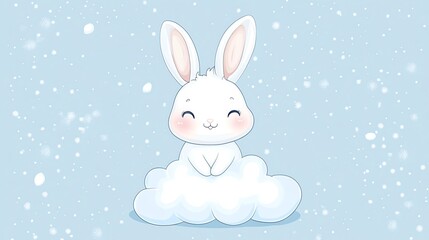 Obraz premium A cute cartoon bunny sitting on a cloud with snow falling around it.