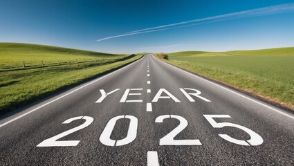 Empty countryside road leading to the year 2025 painted on asphalt