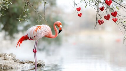 Fototapeta premium Valentine flamingo love concept. Elegant flamingo by water with heart decorations in the background.