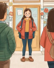 A cheerful girl stands confidently in front of a shop, engaging with others.