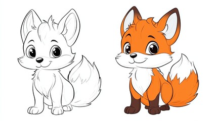 Obraz premium A cartoon fox is drawn in black and white on the left, and colored in on the right.