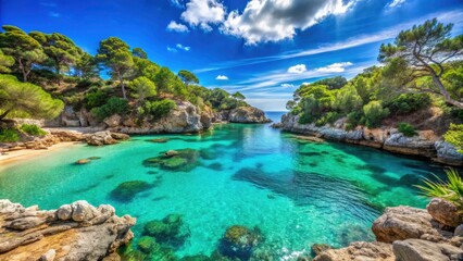 Obraz premium Cala Gat Mallorca Beach Vacation in Spain - Tranquil Waters, Lush Scenery, and Sandy Shores Await You for an Unforgettable Getaway Experience in the Mediterranean Paradise