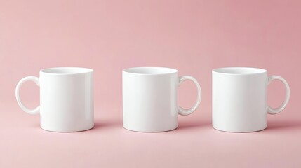 Three white coffee mugs on a pink background.