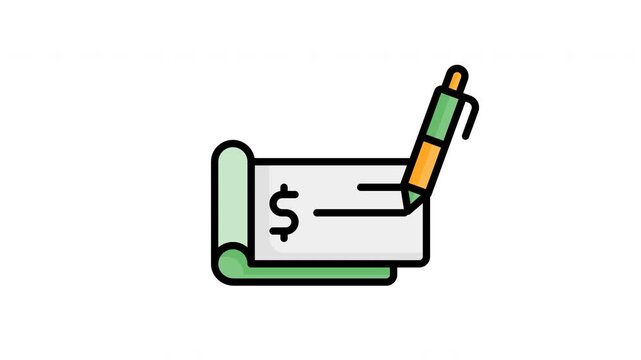 Animated Cheque icon in filled line style, suitable for banking, financial, money management, investment and budgeting illustration concepts.
