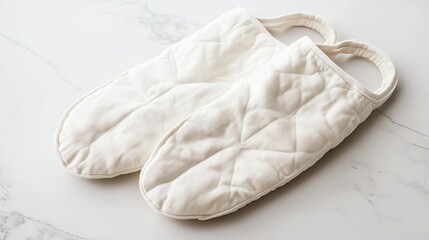 A pair of white oven mitts on a marble counter.