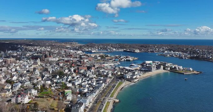 Gloucester, MA, USA - November 29, 2024:  Autumn aerial, drone, video of the City of Gloucester, Massachusetts, MA, USA.