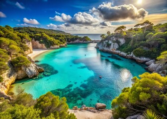 Cala Macarella Menorca: Turquoise Waters, White Sand Beach, Stunning Coastal Scenery, Idyllic Mediterranean Paradise, Summer Vacation