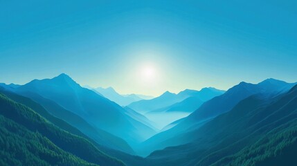 Obraz premium Serene mountain landscape with a bright sun illuminating the valleys.