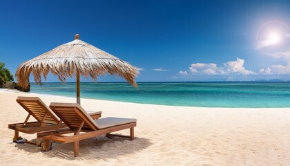 Fototapeta premium Summer Bliss: Relaxing Beach Scene with Wooden Loungers, Parasols, and Clear Blue Skies