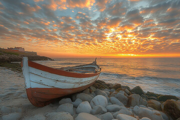 Small aged wooden boat on the pier of the sandy beach. Beautiful view of the sea sunset and rocky shore.