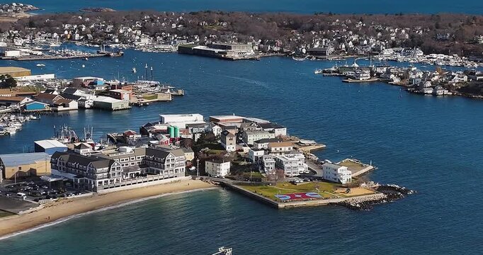 Gloucester, MA, USA - November 29, 2024:  Autumn aerial, drone, video of the City of Gloucester, Massachusetts, MA, USA.