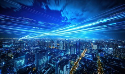 Fototapeta premium A vibrant cityscape illuminated by blue light trails and clouds.