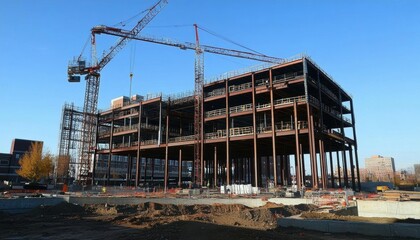 A construction site featuring a steel framework for a building.