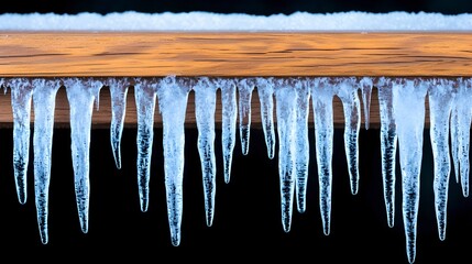 Icicles Hanging from Wooden Beam in Winter Scene