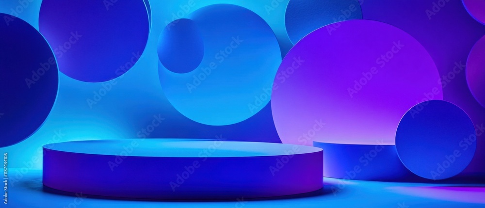 Wall mural abstract blue and purple geometric shapes background with platforms for product display