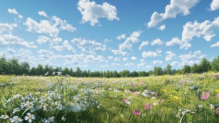 Obraz premium A vibrant field of wildflowers under a bright blue sky with clouds.